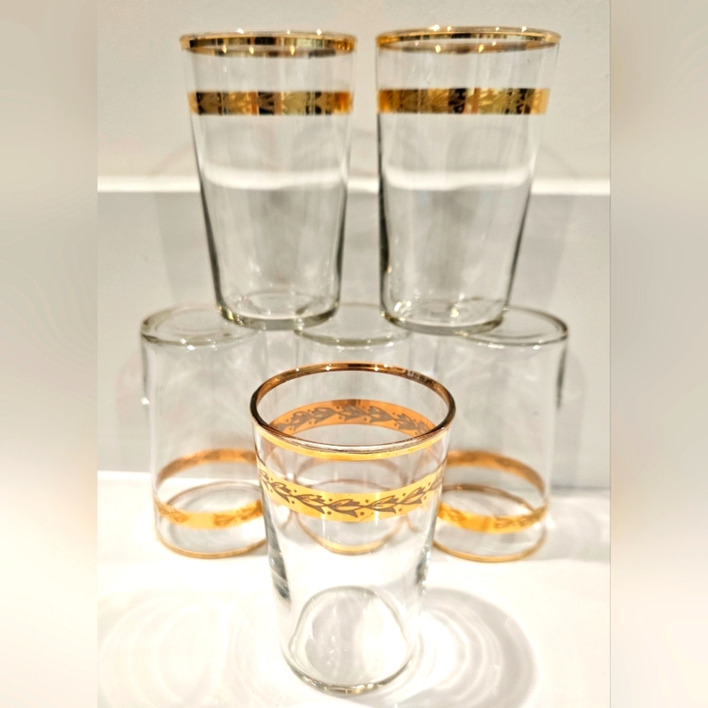 6 Vintage Libbey Juice Glasses Clear W 22k Gold Bands 3.5 in VG